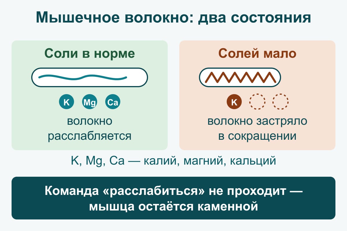 Схема: два состояния мышечного волокна — при нормальном балансе калия, магния и кальция волокно расслабляется; когда солей мало, волокно застревает в сокращении и мышца остаётся каменной